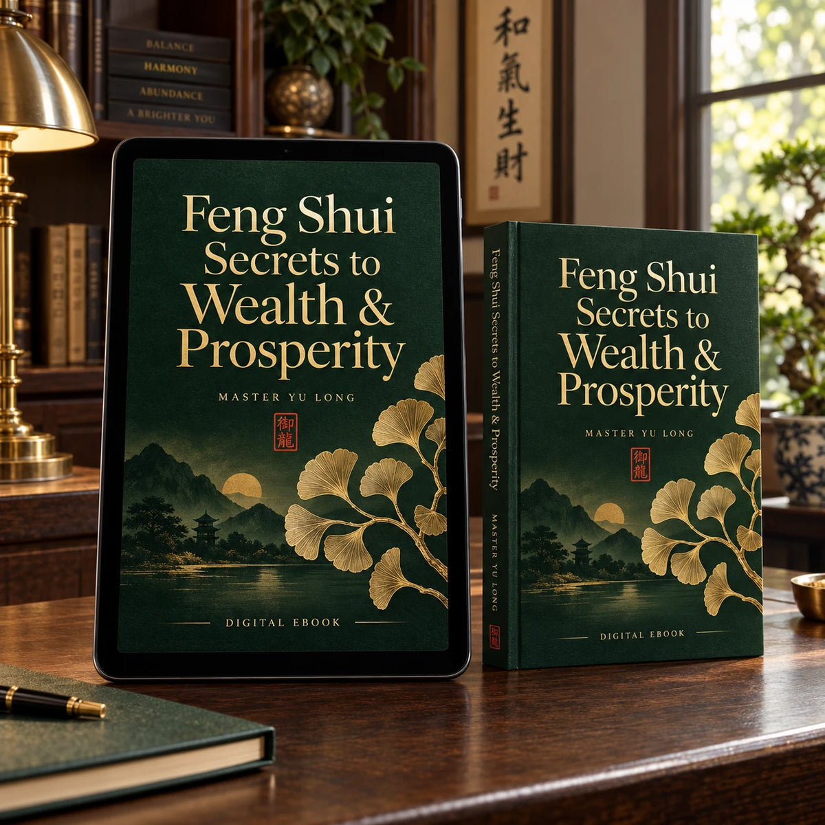 Feng Shui Secrets to Wealth & Prosperity — digital ebook cover and tablet mockup